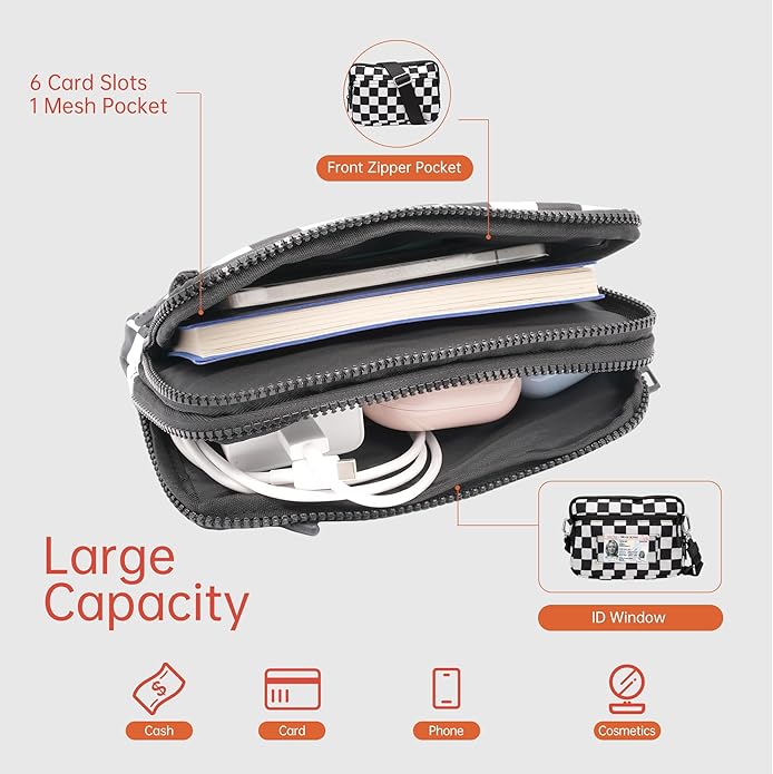 Wristlet Wallets for Women Checkered Nylon Quilted Wallet Travel Crossbody Bags with 4 Zippers Coin Card Phone Holder