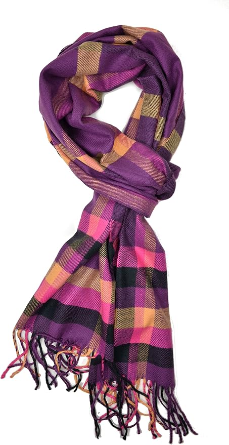 Plum Feathers Plaid Check and Solid Cashmere Feel Winter Scarf, Warm Scarfs, Cold Weather Accessories, Fringe Scarves