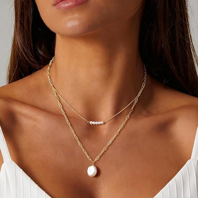 Yoosteel Pearl Necklace for Women - 14K Gold Plated Pearl Pendant Necklaces Minimalist Women Pearls Layered Necklace Dainty Trendy Bridal Bridesmaid Wedding Gifts for Her