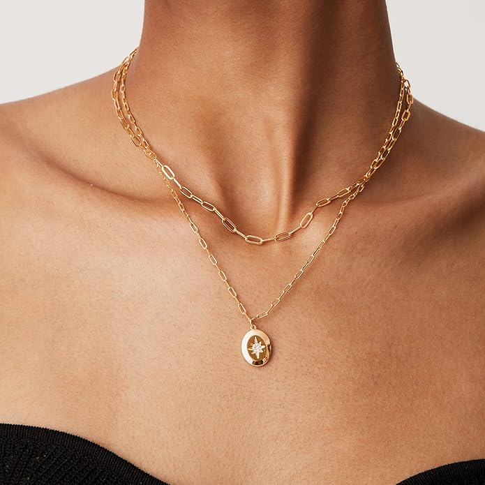 PAVOI 14K Gold Plated Layering Necklaces | Stylish Minimalist Design Pendant Necklaces | Bar, Circle, Lotus, Disc, Dog Tag, Horizontal Bar Pendants for Women