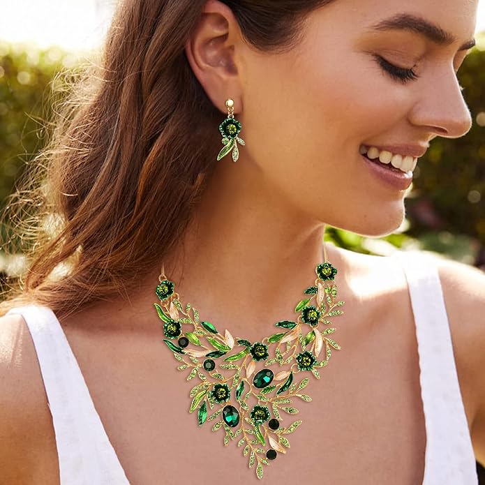 BriLove Wedding Bridal Leaf Cluster Jewelry Set for Women Crystal Flower Enamel Statement Necklace Dangle Earrings