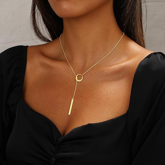 Long Gold Necklace for Women Trendy, Dainty Layered Lariat Necklace 14k Gold Plated Silver Y Shaped Beaded Chain Non Tarnish Drop Necklaces Simple Adjustable Jewelry Gift