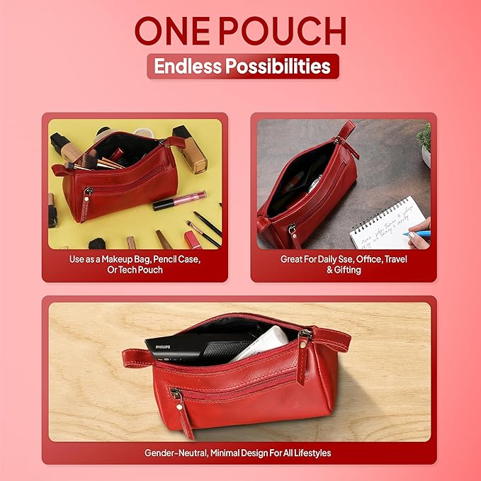 Red Leather Cosmetic Bags For Women - Leather Makeup Bag for Purse, Small Cosmetic Pouch for Travel, Handmade Make Up Case for Purses, Cute Make up Essential Small Makeup Pouch for Daily Use