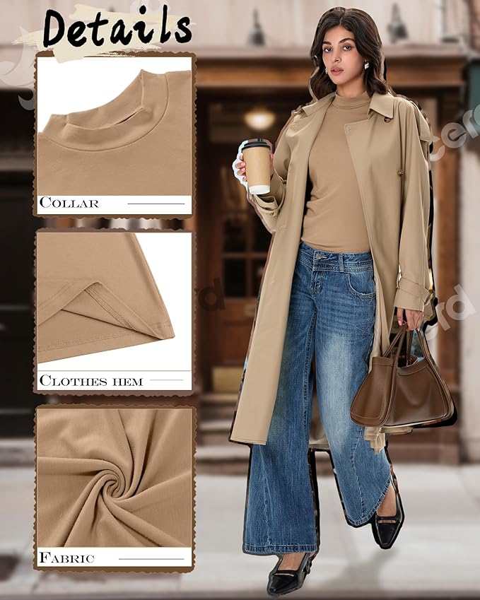 Ficerd 3 Pack Women's Mock Turtleneck Shirts, Long Sleeve Mock Neck Pullover Tops Slim Fitted Stretch Undershirt Tee Blouse