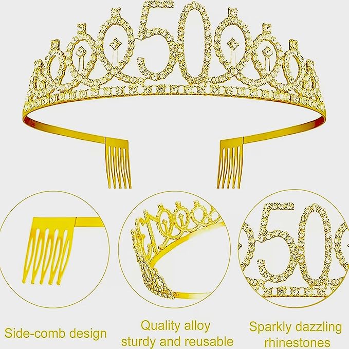 50th Birthday Decorations for Her Girls Set, Include 50th Birthday Crown and 50 Sash, 50th Birthday Cake Topper and 50 Birthday Candles, Gold 50 Balloons, Women 50th Party Supplies(Gold)