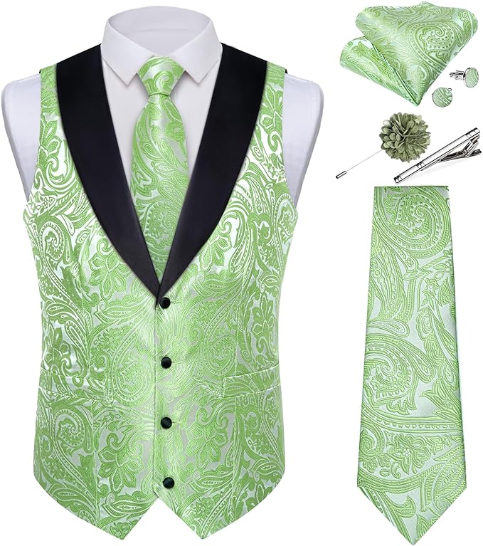 DiBanGu Mens Paisley Suit Vest Silk Jacquard Waistcoat and Necktie Set Formal Shawl Collar Dress Vest 7PCS for Wedding Party