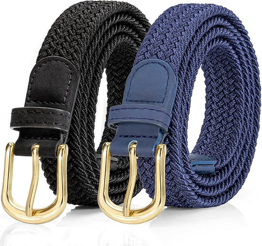 2 Pack Braided Belt for Women, Elastic Woven Stretch Fabric Cloth Belt with Gold Buckle