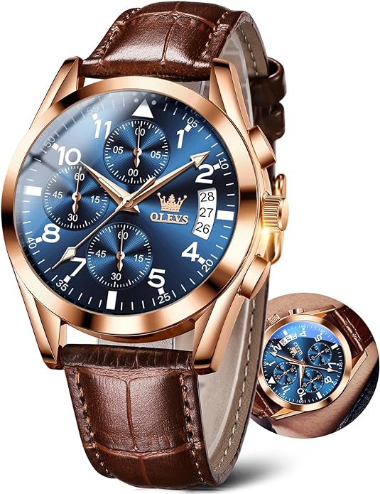OLEVS Men's Watches Brown Leather with Date,Casual Watches for Men,Large Face Watches Men,Chronograph Mens Watch,Sport Waterproof Business Dress Analog Quartz Men's Wrist Watches Reloj De Hombre