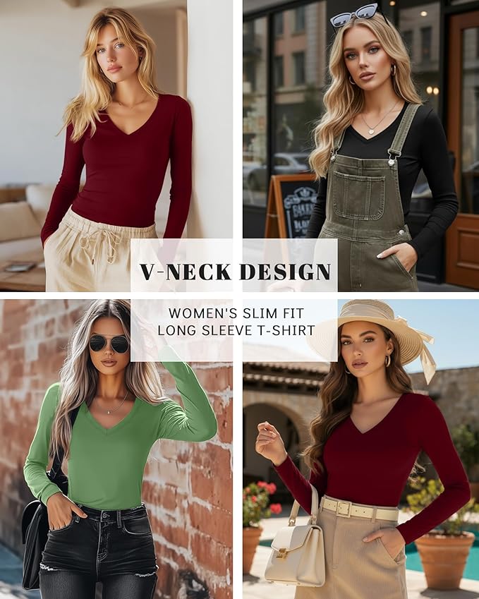 Ficerd 3 Pack Women's Long Sleeve Shirts, V Neck Basic Tees Slim Fitted Casual Fall Tops Going Out Blouses T Shirts