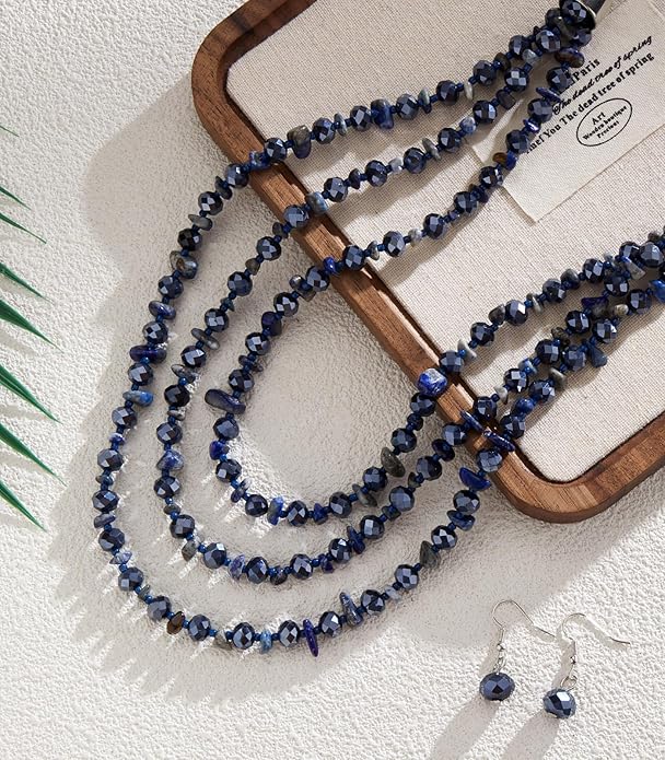 Layered Beaded Statement Necklace Multi Strand Crystal Beads Collar Necklace and Earring Sets for Women Fashion Costume Jewelry Set Gifts for Her