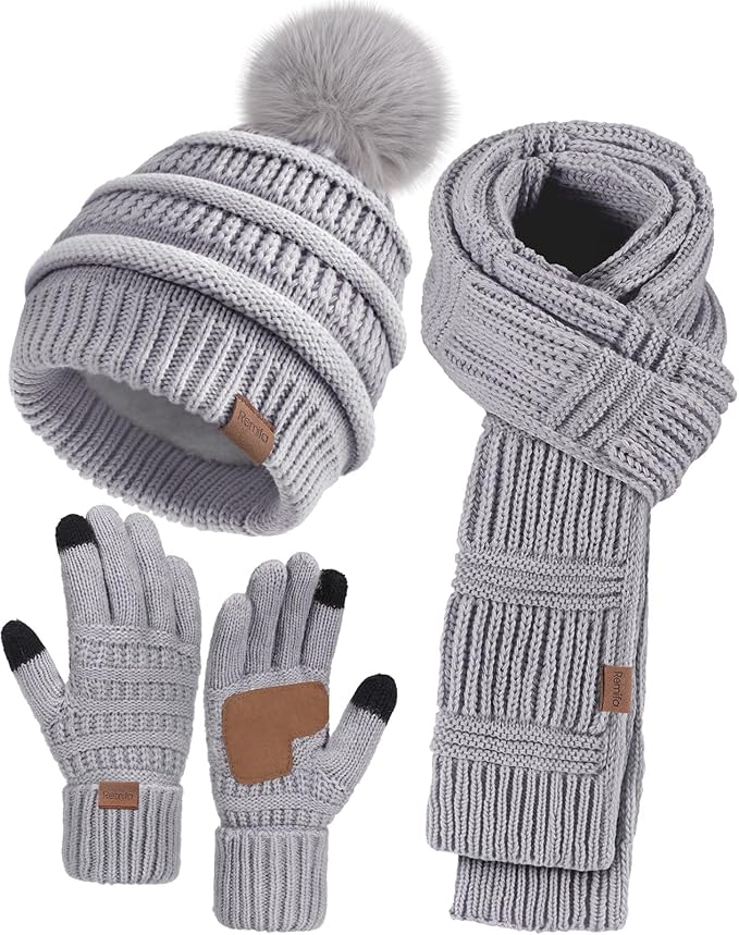 Remifa Winter Beanie Hat Scarf Gloves Set for Women, Slouchy Pom Pom Hat Long Knit Scarf Touchscreen Gloves Christmas Gifts