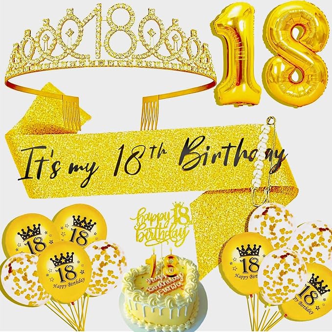 18th Birthday Decorations for Her Girls Set, Include 18th Birthday Crown and 18 Sash, 18th Birthday Cake Topper and 18 Birthday Candles, Gold 18 Balloons, Women 18th Party Supplies(Gold)
