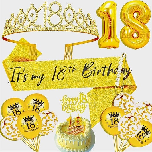 18th Birthday Decorations for Her Girls Set, Include 18th Birthday Crown and 18 Sash, 18th Birthday Cake Topper and 18 Birthday Candles, Gold 18 Balloons, Women 18th Party Supplies(Gold)