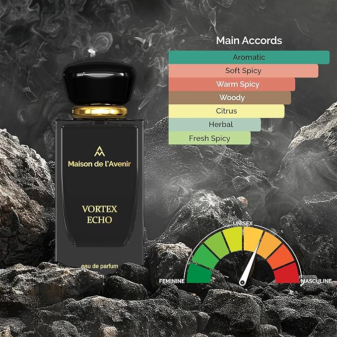 Maison de l'Avenir Vortex Echo Eau de Parfum for Men & Women, Unisex Aromatic Spicy Fragrance, Natural & Essential Oils, Long-Lasting Cologne Perfume, 100 ml (3.4 fl oz)