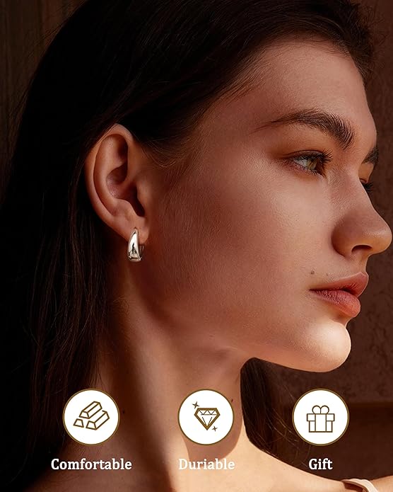 14K Gold Plated Small Chunky Hoop Earrings Sterling Silver Post - Hypoallergenic Trendy Thick Lightweight Silver Plated Huggie Hoops Dainty Hoop Earrings for Women Non Tarnish Jewelry Gifts