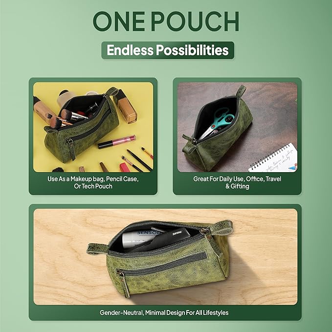 Leather Makeup Bag Small Cosmetics Case for Purse Multipurpose Zippered Pouch for Travel Compact Leather Stationary Organizer Pencil Pouch Gift for Everyday Use