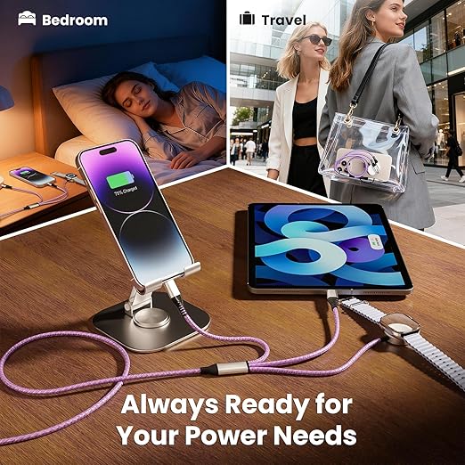 Travel Essentials, 3 in 2 USB A/C Cable to iPhone 17 Charger/Apple Watch Charger/Lightning, Braided Multi Charging Cable Cord, RV Camping Essentials, Designed for iWatch Series & iPhone17-11/iPad-5FT