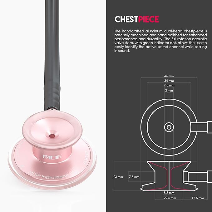 MDF Instruments, Acoustica Lightweight Stethoscope for Doctors, Nurses, Students, Home Health Use, Adult, Dual Head, Black Tube, Rosegold (Matte Finish) Chestpiece-Headset, MDF747XPRG11
