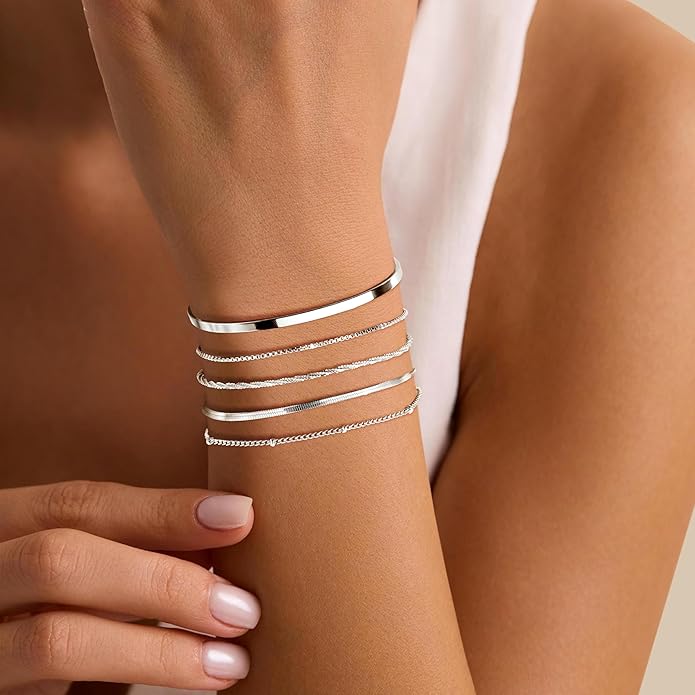 Dainty Thin Gold Bracelet for Women Stack, 14K Gold Plated Bracelet Stackable Set with Bangle Cuff, Box, Herringbone, Paperclip, Figaro, Sparkling Link Chains, Simple Waterproof Non Tarnish Minimalist Gifts for Women Trendy