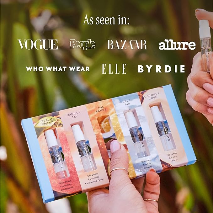 Skylar Eau de Parfum Discovery Spray Sampler Gift Set - Hypoallergenic & Clean Perfume for Women & Men- Peach Fields- Vanilla Sky, Lime Sands, Salt Air, Coconut Cove - 5 1.5mL Spray Bottles