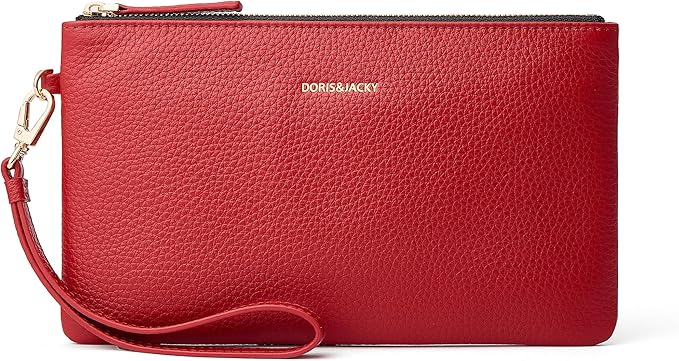 DORIS&JACKY Small Leather Wristlet Clutch Purse for Women Slim Designer Wallet and Cellphone Pouch Bag With Detachable Strap