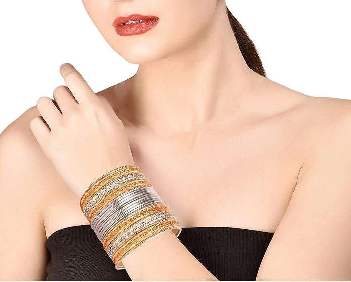 Touchstone Indian Metal Bangles for Women Gold Alloy Bracelets desi 2 Dozen Bangle Collection Bollywood Women's Jewelry Set Multi Stacking Wide Chunky Textured Golden Set of 24 in Gold or White Tone