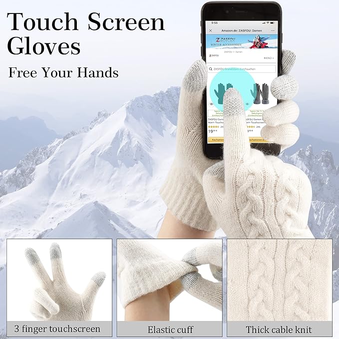 Womens Winter Beanie Hats Long Scarf Touchscreen Gloves Set Warm Knit Skull Caps Gifts for Women