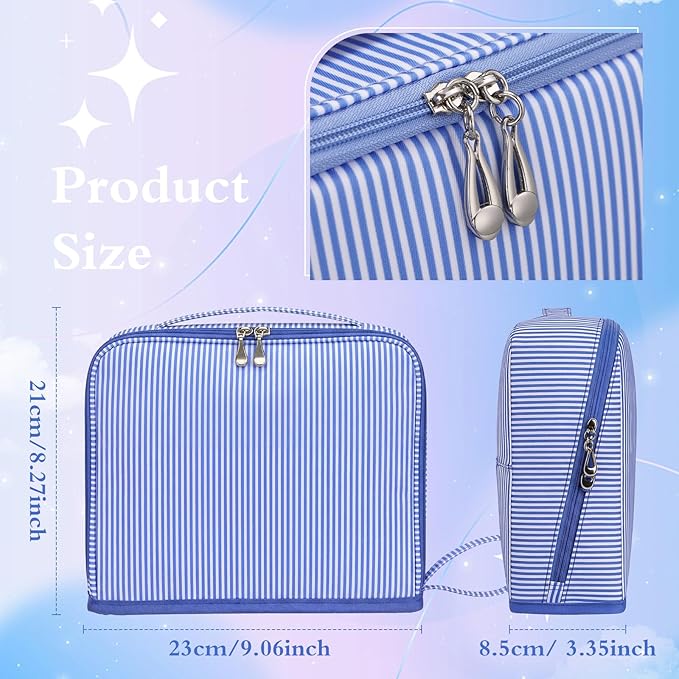 Striped Makeup Bag Large Cosmetic Bags for Women Gift with Brush Loops Mesh Pocket Wrist Strap Travel Organizer Storage Pouch Toiletry Case with Divider for Mirror(Blue)
