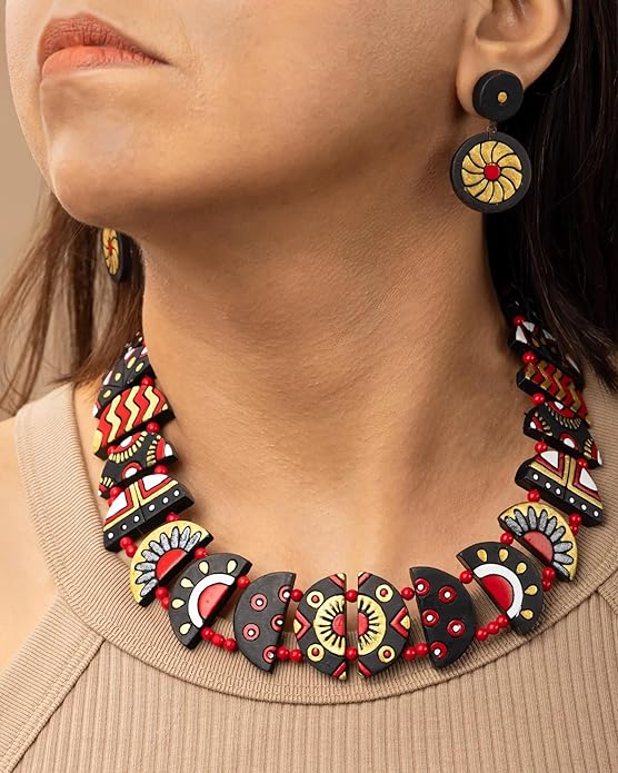 Celestial Creations Handmade Terracotta Necklace and Earrings Set – Boho Tribal Statement Jewelry for Women, Eco-Friendly Festival & Party Wear Gift
