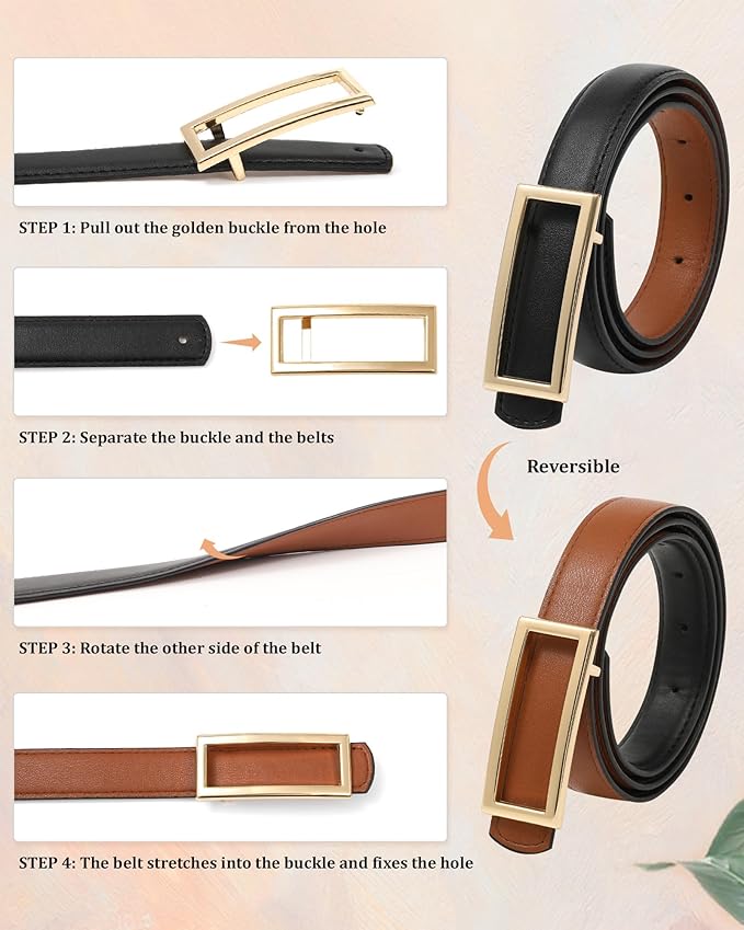 AWAYTR Women Reversible Leather Belt - Two-in-One Women Fashion Skinny Belt for Jeans with Golden Buckle