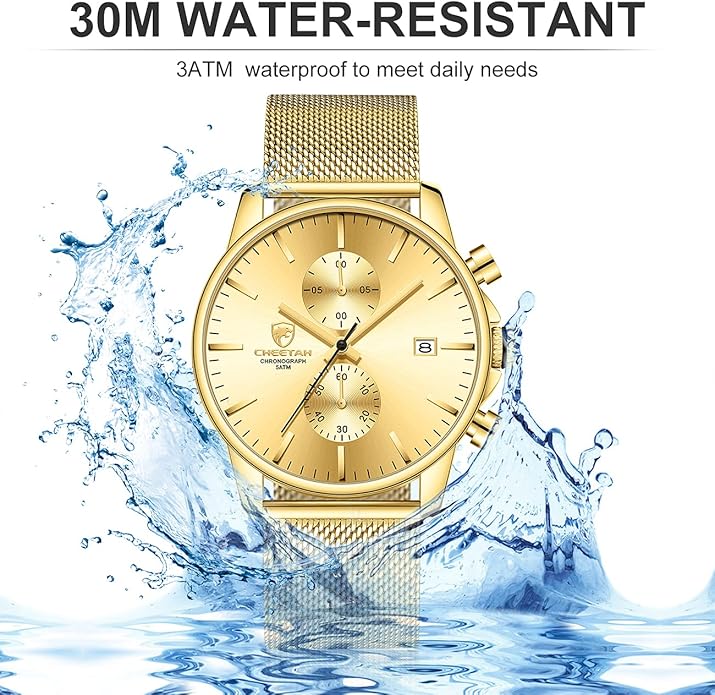 GOLDEN HOUR Mens Watch Fashion Sleek Minimalist Quartz Analog Mesh Stainless Steel Waterproof Chronograph Watches for Men with Auto Date