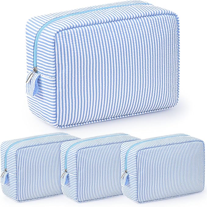 Sanwuta 3 Pcs Seersucker Makeup Bags Seersucker Cosmetic Bags Striped Women Large Travel Toiletry Organizer Preppy Storage Pouch for Embroidery Wedding Bridesmaid Gifts(Light Blue)