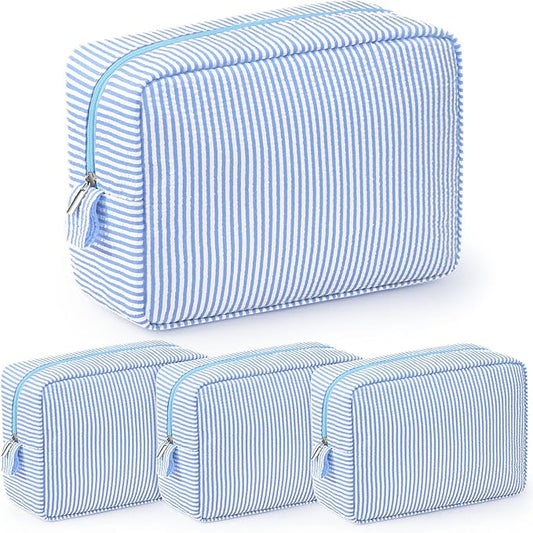 Sanwuta 3 Pcs Seersucker Makeup Bags Seersucker Cosmetic Bags Striped Women Large Travel Toiletry Organizer Preppy Storage Pouch for Embroidery Wedding Bridesmaid Gifts(Light Blue)