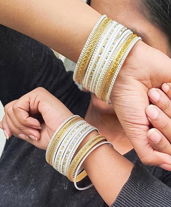 Touchstone Indian Metal Bangles for Women Gold Alloy Bracelets desi 2 Dozen Bangle Collection Bollywood Women's Jewelry Set Multi Stacking Wide Chunky Textured Golden Set of 24 in Gold or White Tone