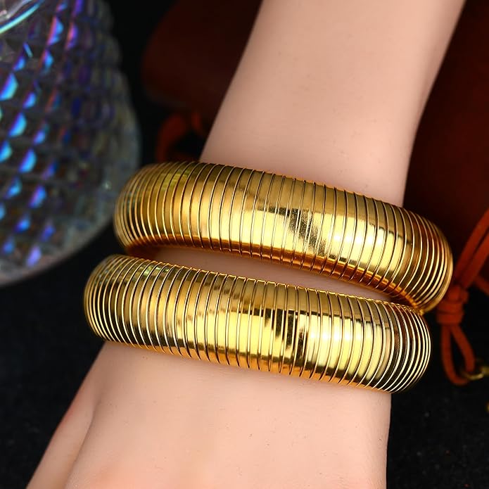 MISS RIGHT Gold Chunky Stretch Snake Chain Bangle Bracelets Stack for Women Trendy, 18K Gold Filled Stainless Steel Stretchy Womens Stackable Wristband Bangles Bracelet Set