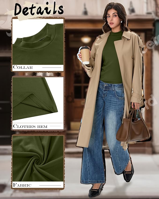 Ficerd 3 Pack Women's Mock Turtleneck Shirts, Long Sleeve Mock Neck Pullover Tops Slim Fitted Stretch Undershirt Tee Blouse