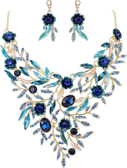BriLove Wedding Bridal Leaf Cluster Jewelry Set for Women Crystal Flower Enamel Statement Necklace Dangle Earrings