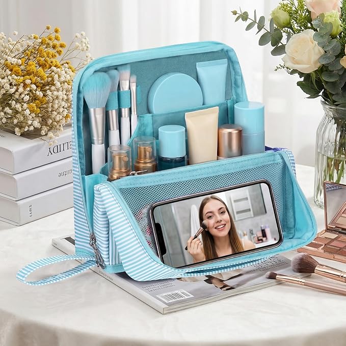 Striped Makeup Bag Large Cosmetic Bags for Women Gift with Brush Loops Mesh Pocket Wrist Strap Travel Organizer Storage Pouch Toiletry Case with Divider for Mirror(Summer Blue)