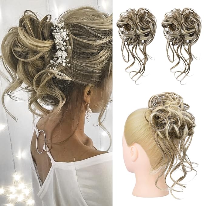 HOOJIH 2 Pack Curly Wavy Messy Bun Hair Extensions, Light Ash Brown with Blonde Mixed, Heat Resistant Fiber, Easy Clip-In Installation