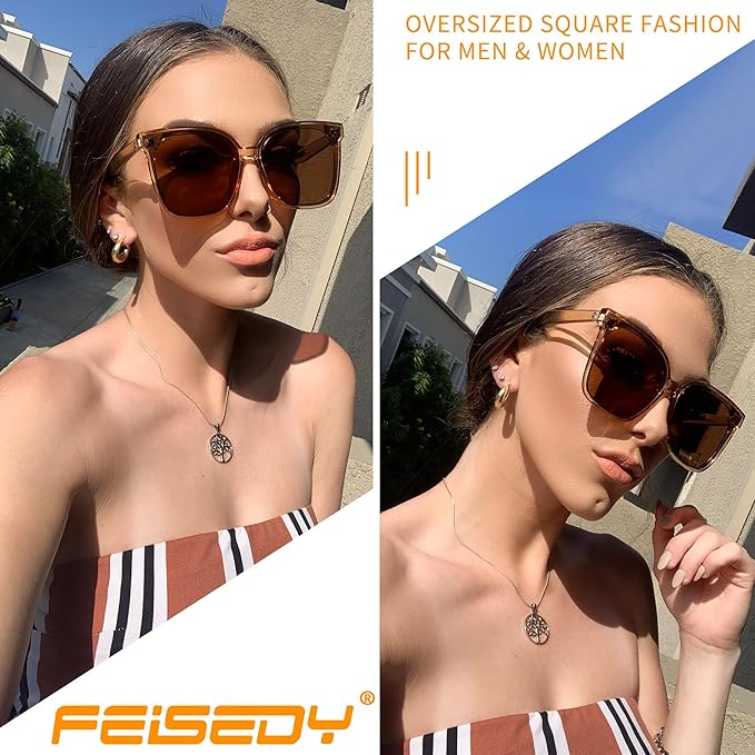 FEISEDY Oversized Polarized Sunglasses - UV400 Protection, Square Fashion Sun Glasses for Outdoor & Daily B2600
