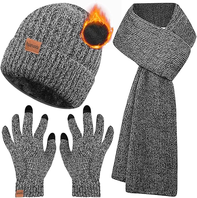3PCS Winter Beanie Hat Scarf Touchscreen Gloves Set for Men and Women, Knitted Fleece Lined Hats Thermal Gloves Long Scarf
