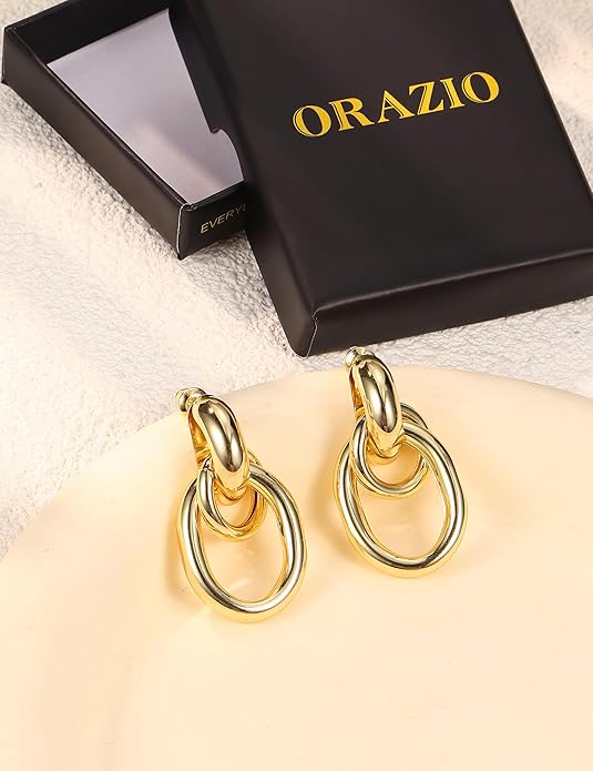 ORAZIO Chunky Gold Plated Knot Earrings for Womens Trendy 925 Silver Statement Lightweight Dangle Drop Hypoallergenic Large Geometric Stud Earring Jewelry for Women