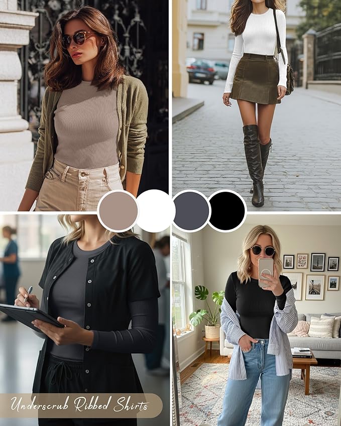 Neer 4 Pack Women's Ribbed Long Sleeve Shirts, Cotton Crew Neck Slim Fit Tops Stretch Knit Casual Base Layer Basic Tee Shirts