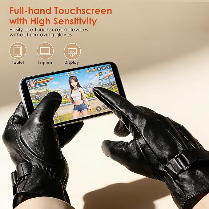Aegend Winter Gloves Women Leather Gloves, Full Hand Touchscreen Winter Gloves Adjustable Wrist Strap for Driving&Outdoor