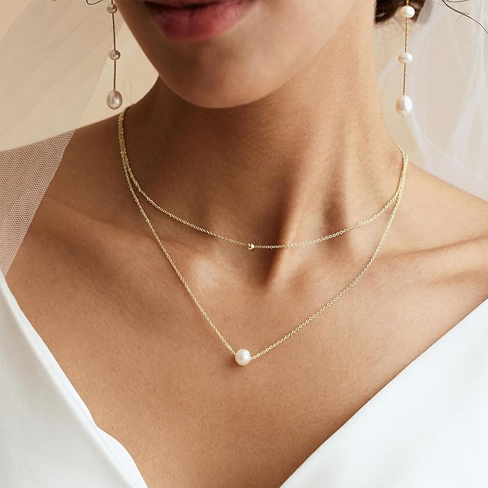 Valentines Day Gifts for Her - 14K Gold Plated Pearl Necklaces for Women Trendy Dainty Necklace Simple Layered Pearl Necklaces for Women Trendy Wedding Birthday Valentines Jewelry