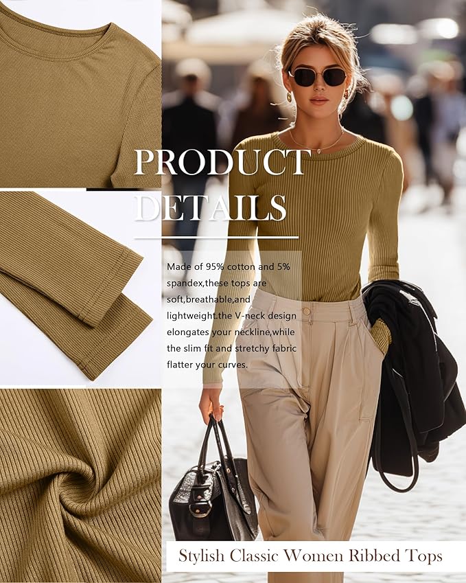 Neer 4 Pack Women's Ribbed Long Sleeve Shirts, Cotton Crew Neck Slim Fit Tops Stretch Knit Casual Base Layer Basic Tee Shirts