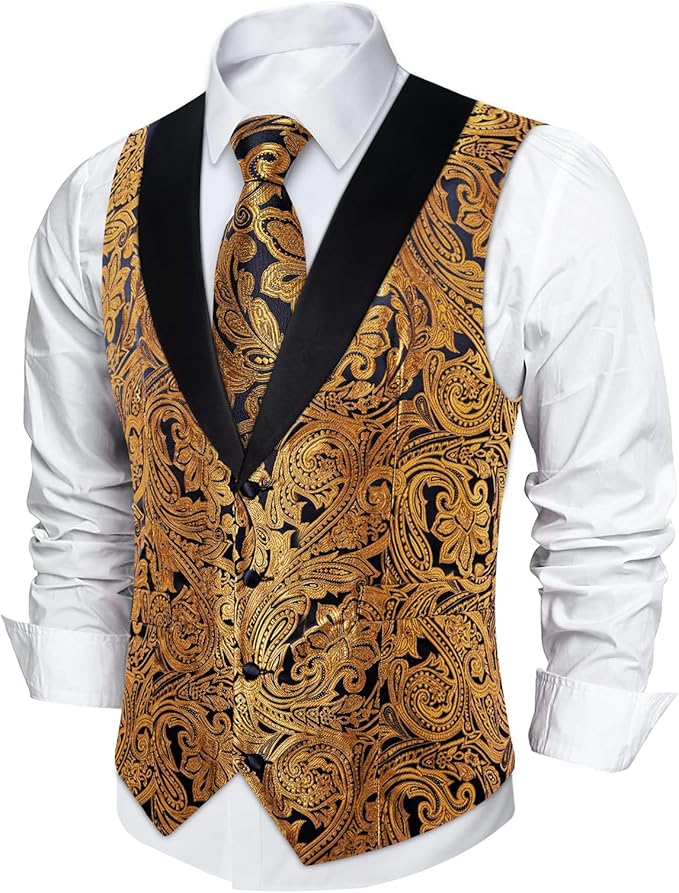 DiBanGu Mens Paisley Suit Vest Silk Jacquard Waistcoat and Necktie Set Formal Shawl Collar Dress Vest 7PCS for Wedding Party