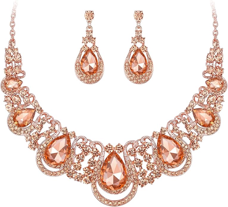 BriLove Women's Costume Fashion Crystal Teardrop Hollow Scroll Statement Necklace Dangle Earrings Set