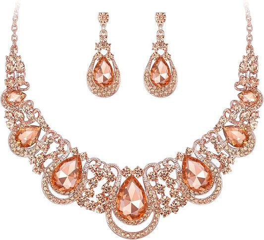 BriLove Women's Costume Fashion Crystal Teardrop Hollow Scroll Statement Necklace Dangle Earrings Set