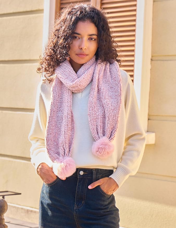 Womens Chenille Scarf with Pompom Winter Knit Warm Scarves for Cold Weather with Gift Box